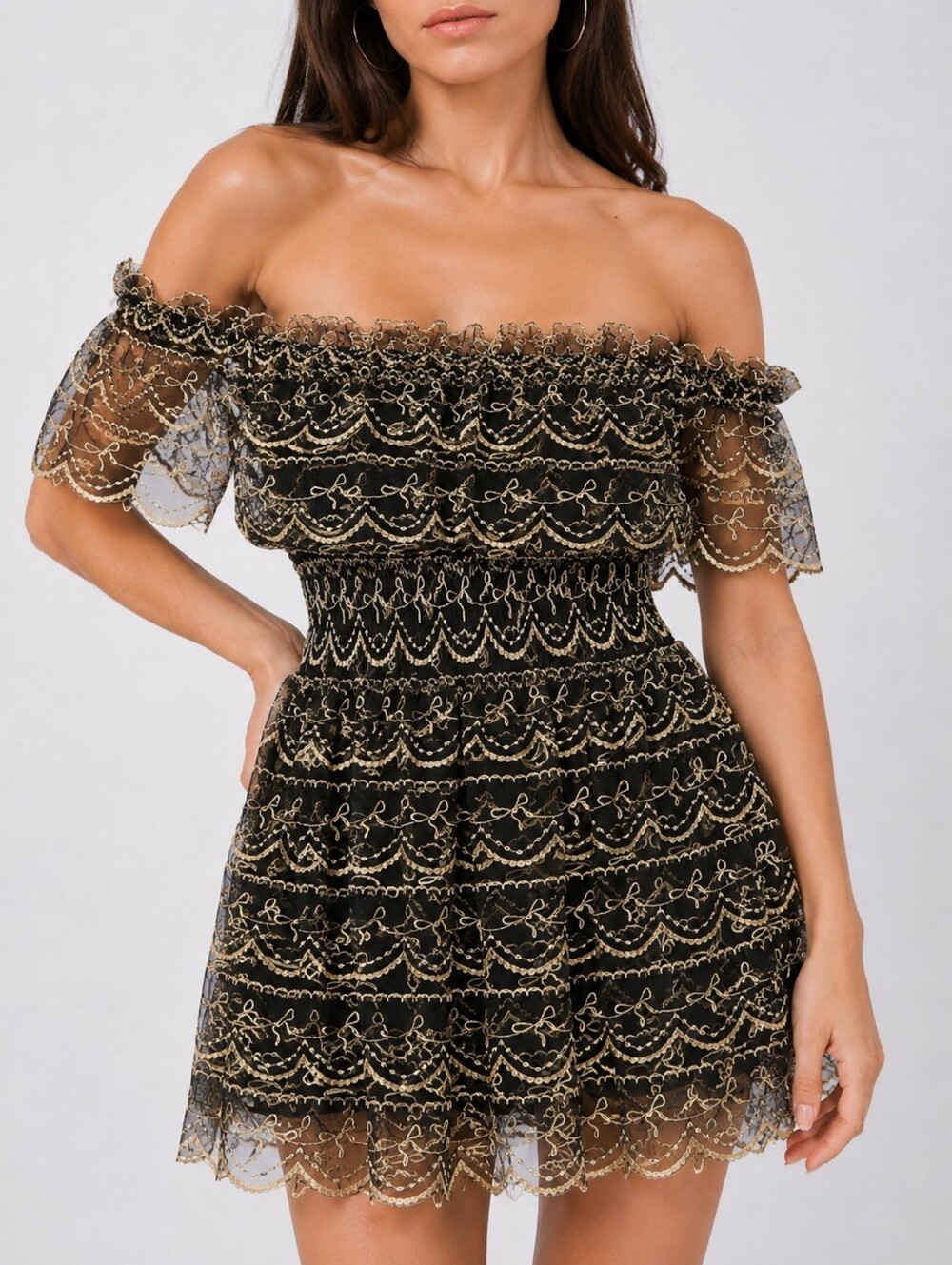 Alice Mccall Sheer Embroidered Lace Mini Dress Off Shoulder Gold Black 2